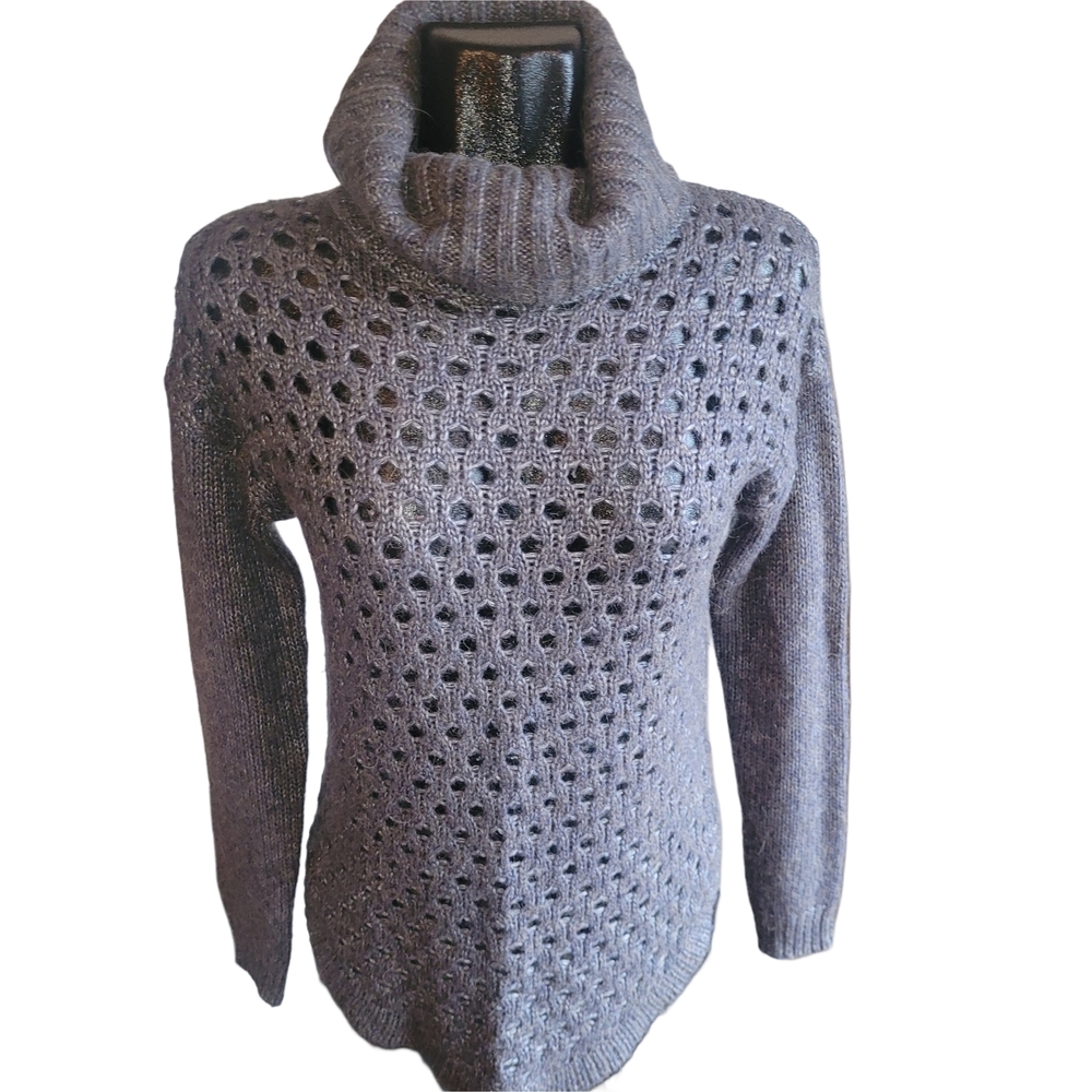 RW&CO Gray Eyelet Knit Alpaca Wool Blend Turtleneck Sweater Size XS